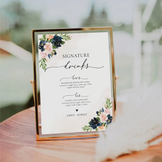 ネイビー&赤面ピンクフローラシグネチャードリンクサイン 台座サイン