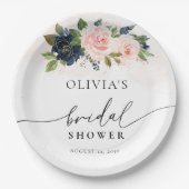 ネイビー&赤面ピンクフローラブライダルシャワー紙プレート ペーパープレート (正面)