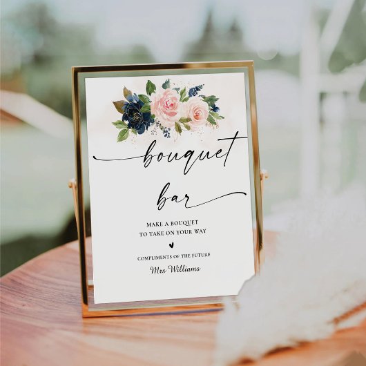 ネイビー&赤面ピンクフローラブーケバーサイン 台座サイン