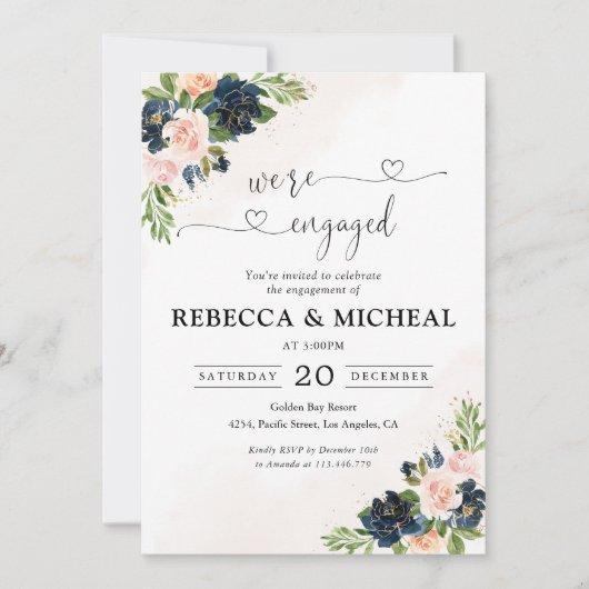 ネイビー&赤面ピンクフローラ我々は婚約した招待状 招待状 (正面)