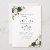 ネイビー&赤面ピンクフローラ結婚式招待状 招待状 (正面)