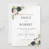 ネイビー&赤面ピンクフローラ結婚式招待状 招待状 (正面)