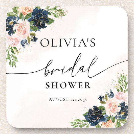 ネイビー&赤面ピンクフローラ飲料用コースター コースター (正面)