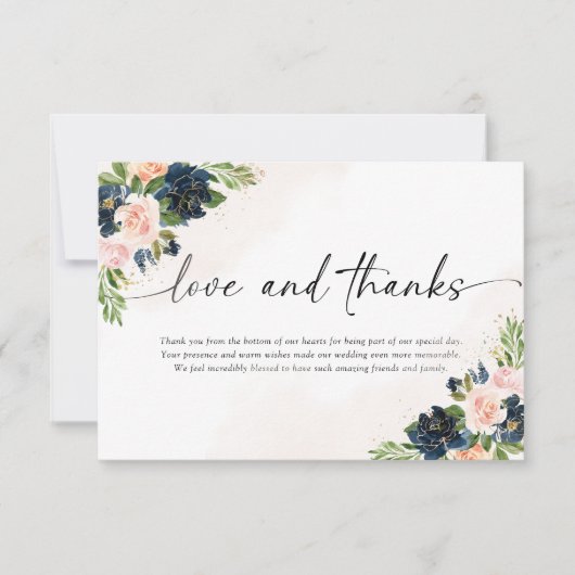 ネイビー&赤面ピンク結婚フローラのサンキューカード サンキューカード (正面)