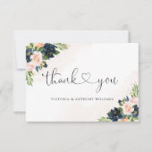 ネイビー&赤面ピンク結婚フローラズフラットサンキュー サンキューカード (正面)