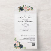 ネイビー&赤面ピンク結婚フローラ オールインワン招待状 (内側)