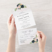 ネイビー&赤面ピンク結婚フローラ オールインワン招待状 (貼ってはがせる)