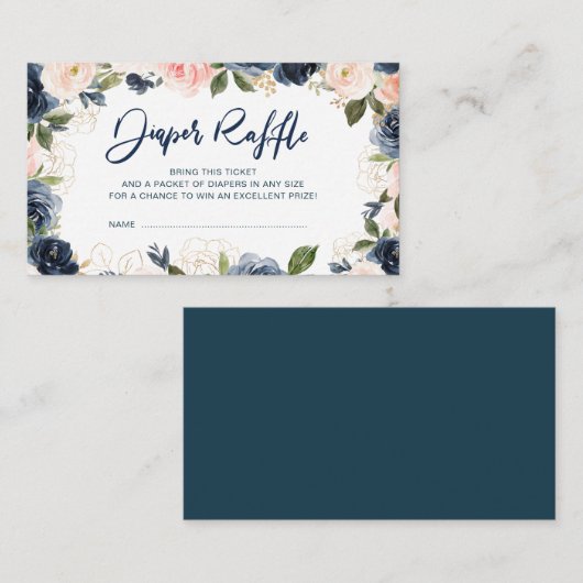 ネイビー&赤面ピンク開花フローラおむつラッフルカード エンクロージャーカード (正面/裏面)
