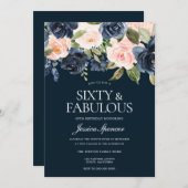 ネイビー&赤面フラワーズファブラス60thバースデーパーティー 招待状 (正面/裏面)