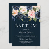 ネイビー&赤面フラワーズボーイズ女の子バプテスマ《キリスト教》洗礼式や命名式 招待状 (正面/裏面)