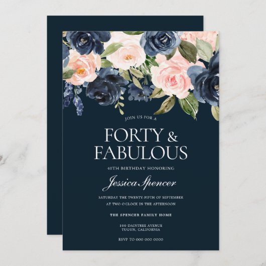 ネイビー&赤面フラワーズ40歳の誕生日パーティー 招待状 (正面/裏面)