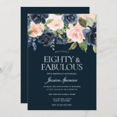 ネイビー&赤面フラワーズ80thバースデーパーティー 招待状 (正面/裏面)