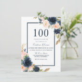 ネイビー&赤面フローラエレガント100thバースデーパーティー 招待状 (スタンド正面)