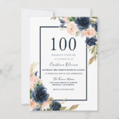 ネイビー&赤面フローラエレガント100thバースデーパーティー 招待状 (正面)