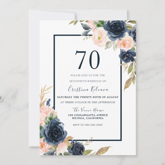 ネイビー&赤面フローラエレガント70thバースデーパーティー 招待状 (正面)