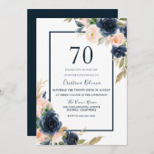 ネイビー&赤面フローラエレガント70thバースデーパーティー 招待状 (正面/裏面)