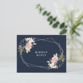 ネイビー&赤面フローラシルバーフレーム結婚式RSVP ポストカード (スタンド正面)