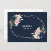 ネイビー&赤面フローラシルバーフレーム結婚式RSVP ポストカード (正面/裏面)