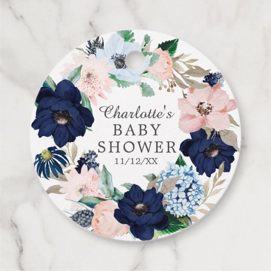 ネイビー&赤面フローラベビーシャワーお気に入りギフトラベル フェイバータグ (裏面)