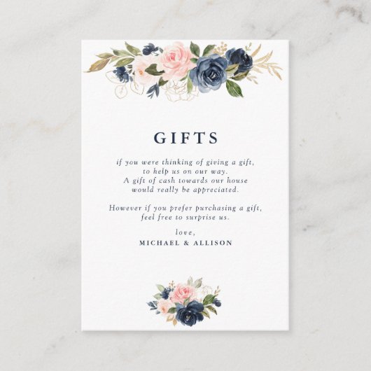 ネイビー&赤面フローラ幾何学的ウェディングギフトカード エンクロージャーカード (正面)