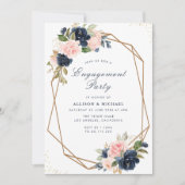 ネイビー&赤面フローラ幾何学的婚約パーティ 招待状 (正面)