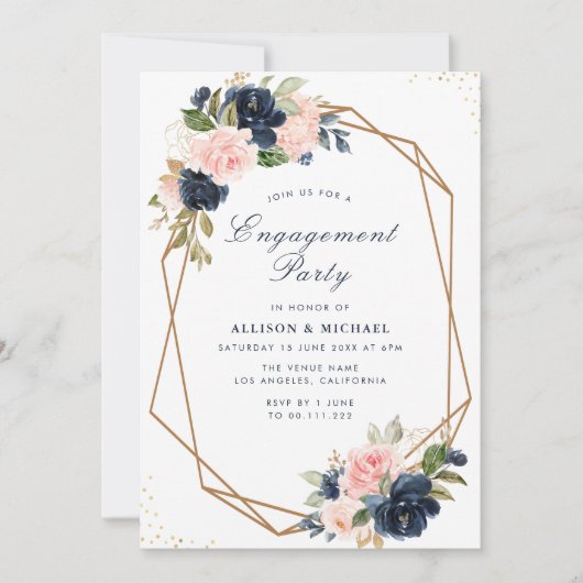 ネイビー&赤面フローラ幾何学的婚約パーティ 招待状 (正面)