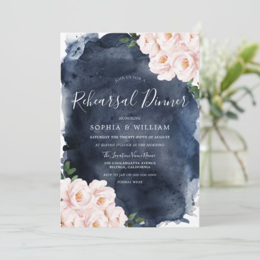 ネイビー&赤面フローラ結婚のリハーサルディナー 招待状 (スタンド正面)