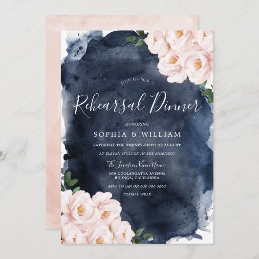ネイビー&赤面フローラ結婚のリハーサルディナー 招待状 (正面/裏面)
