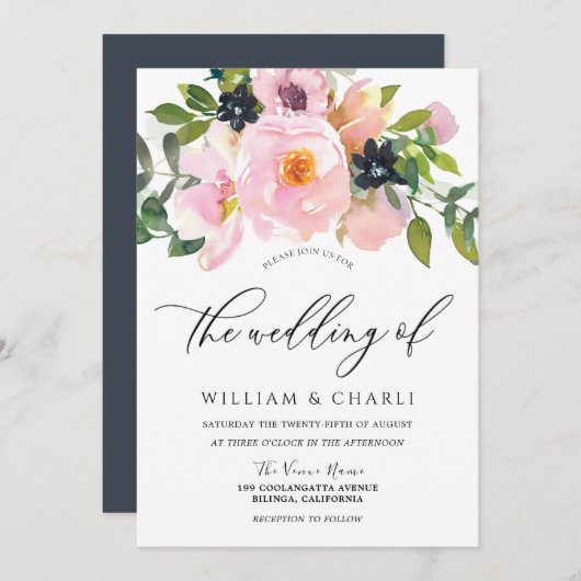 ネイビー&赤面水彩結婚花 招待状 (正面/裏面)