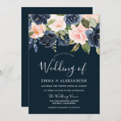 ネイビー&赤面水彩花モダンの結婚花 招待状 (正面/裏面)