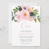 ネイビー&赤面水彩花1歳の誕生日 招待状 (正面)