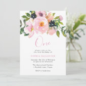 ネイビー&赤面水彩花1歳の誕生日 招待状 (スタンド正面)