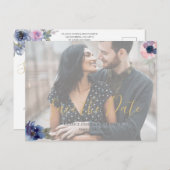 ネイビー&赤面水色フローラ写真の保存日付 インビテーションポストカード (正面/裏面)
