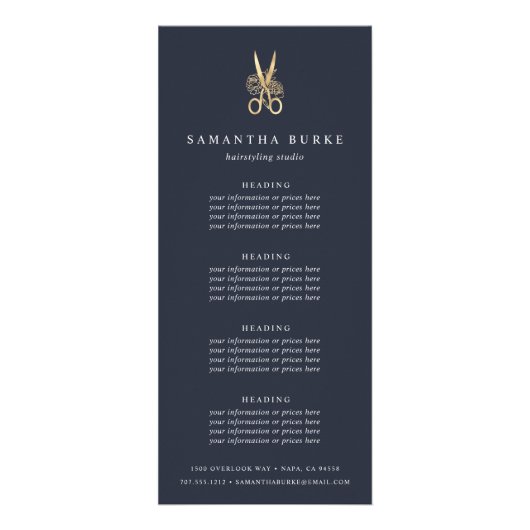 ネイビー&金ゴールドはさみ |サロン価格またはサービス ラックカード (正面)