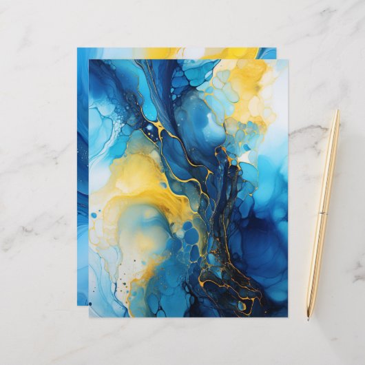 ネイビー&金ゴールドアルコールインク紙クラフトカードストック (正面/裏面インサイチュ)