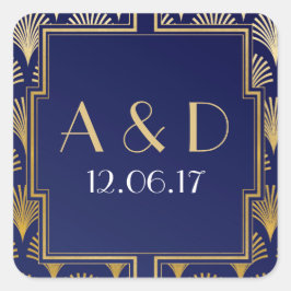ネイビー&金ゴールドアールデコ1920のラウンドステッカーラベル スクエアシール