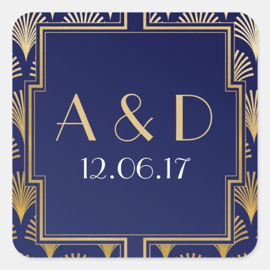 ネイビー&金ゴールドアールデコ1920のラウンドステッカーラベル スクエアシール (正面)