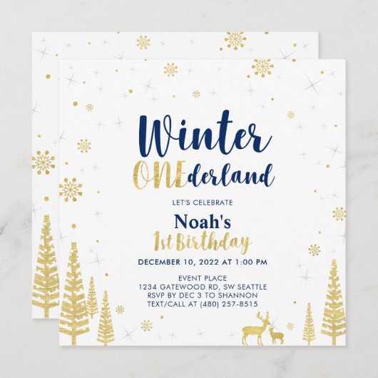 ネイビー&金ゴールドウィンターオネダーランド1st第1誕生日 招待状 (正面/裏面)
