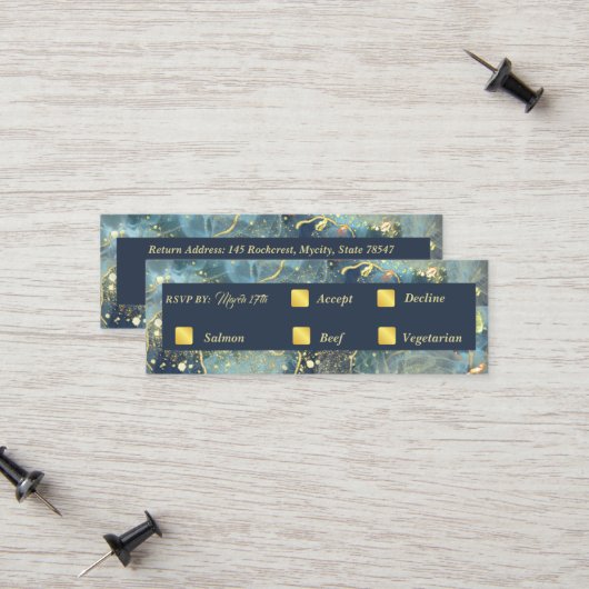 ネイビー&金ゴールドウェディングRSVPカード コーリングカード (正面/裏面インサイチュ)