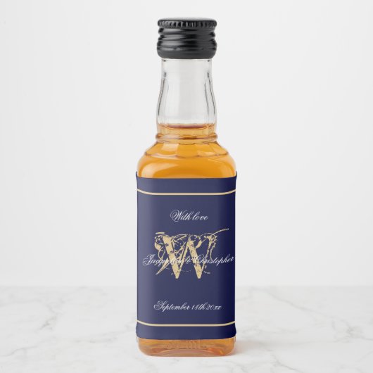 ネイビー&金ゴールドエレガントモノグラムシッ結婚クズミニ リキュールボトルラベル (正面)