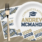 ネイビー&金ゴールドオンホワイトハーフリピートパーソナライズされたグラード ペーパープレート