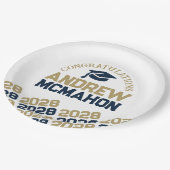 ネイビー&金ゴールドオンホワイトハーフリピートパーソナライズされたグラード ペーパープレート (アングル)