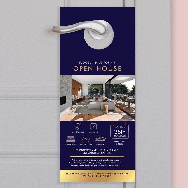 ネイビー&金ゴールドオープンハウス招待状ハウスフォーセール ドアノブサイン (Navy and gold real estate house for sale marketing door hanger with photos and custom text)
