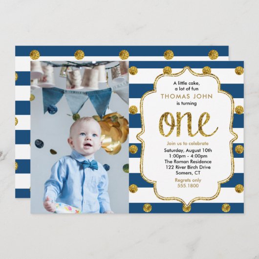 ネイビー,金ゴールドグリッターファースト誕生日フォト招待状 招待状 (正面/裏面)
