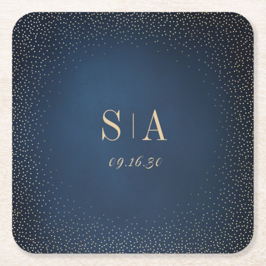 ネイビー&金ゴールドグリッター洗練モノグラム結婚ズ スクエアペーパーコースター (正面)