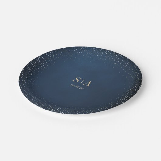 ネイビー&金ゴールドグリッター洗練モノグラム結婚ズ ペーパープレート (アングル)