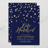 ネイビー&金ゴールドシンプル100th誕生日パーティー 招待状 (正面/裏面)