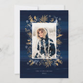 ネイビー&金ゴールドジュエリー羽毛&葉写真リース シーズンカード (正面)