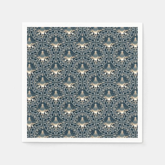 ネイビー&金ゴールドスター疑問に思・オブ・マンダラ・アールデコ・ファン スタンダードカクテルナプキン (正面)