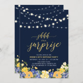 ネイビー&金ゴールドストリングライトサプライズ誕生日パーティー 招待状 (正面/裏面)